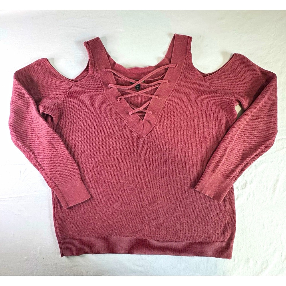 Express Y2K Women's M Pink Cotton Knit V-Neck Lace-Up Cold Shoulder Pullover
